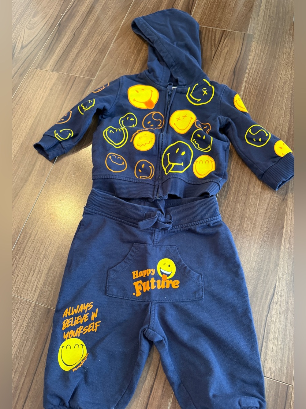 Navy Kids Smile Print Hoodie & Joggers Set - Yellow Accents 3-6 months